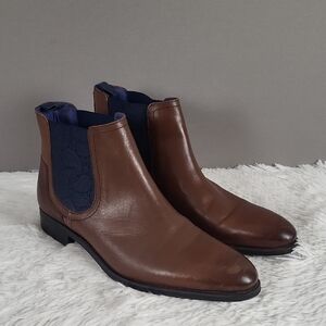 Ted Baker London Brown Leather Chelsea Boots with Navy Elastic Panels